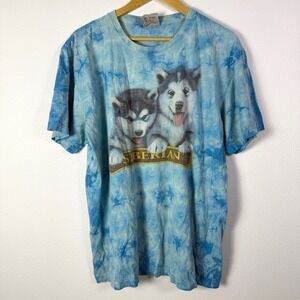 Vintage Rock Eagle Siberian Husky T-Shirt Men XL Blue Good Tie Dye Graphic Print